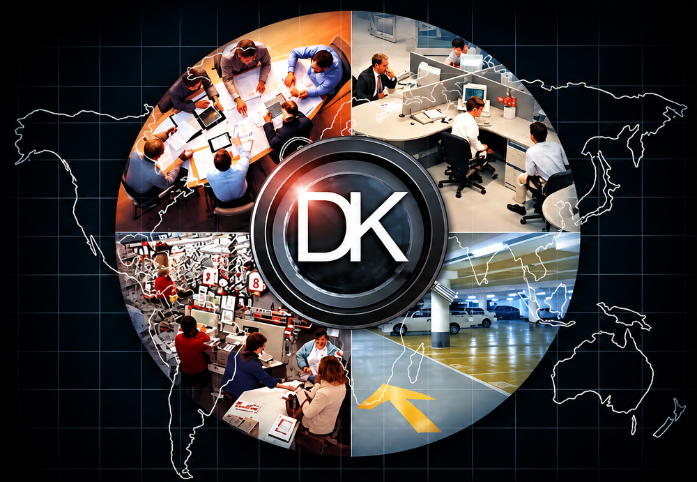 DK emblem over a world map and business technology scenes